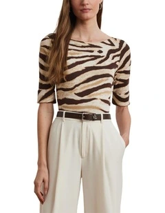 Zebra-Print Stretch Cotton Boatneck Tee