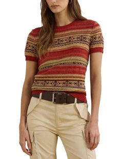 Geo-Striped Short-Sleeve Sweater