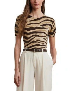 Print Linen-Cotton Short-Sleeve Sweater