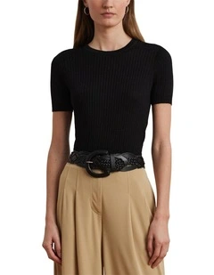 Ribbed Linen-Blend Short-Sleeve Sweater