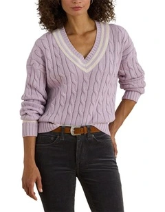 Cable Knit Cotton Cricket Sweater in Purple