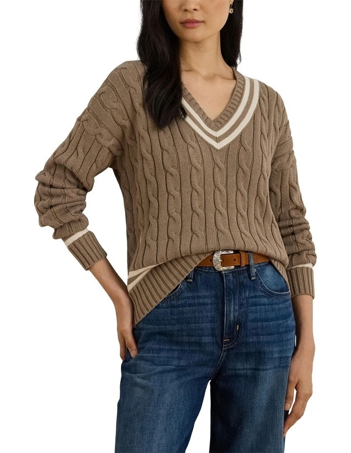 Cable Knit Cotton Cricket Sweater in Brown image 1