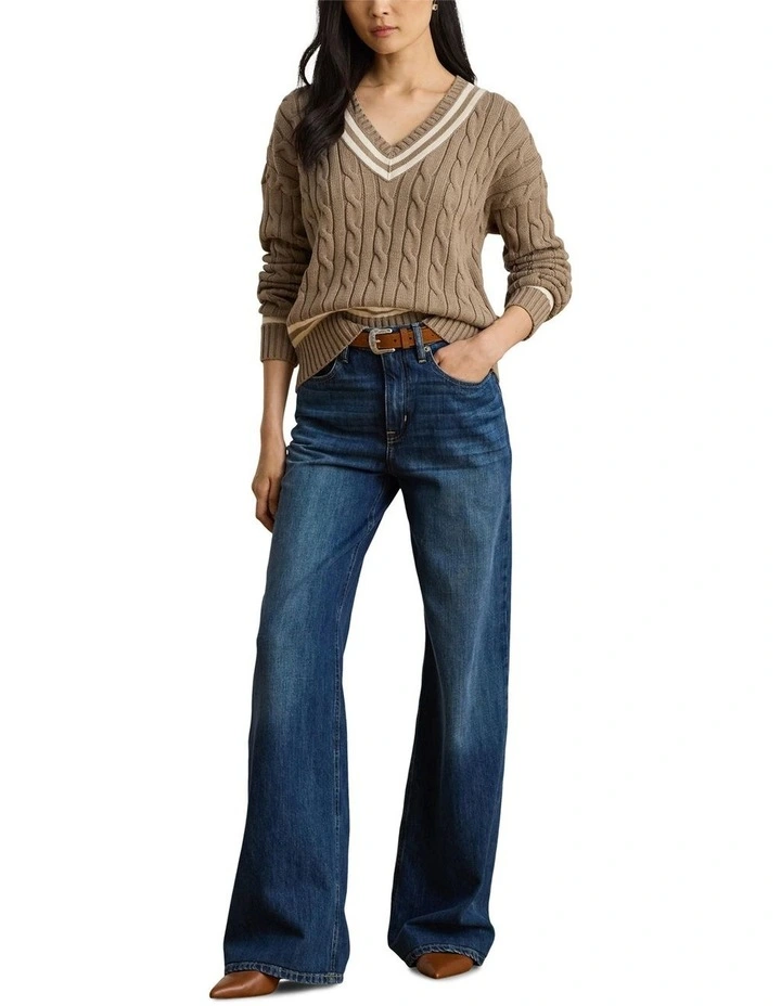 Cable Knit Cotton Cricket Sweater in Brown image 3