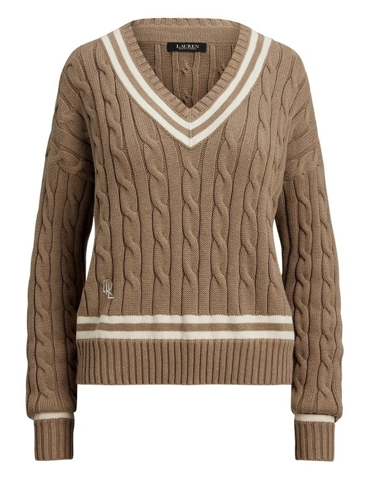 Cable Knit Cotton Cricket Sweater in Brown image 4