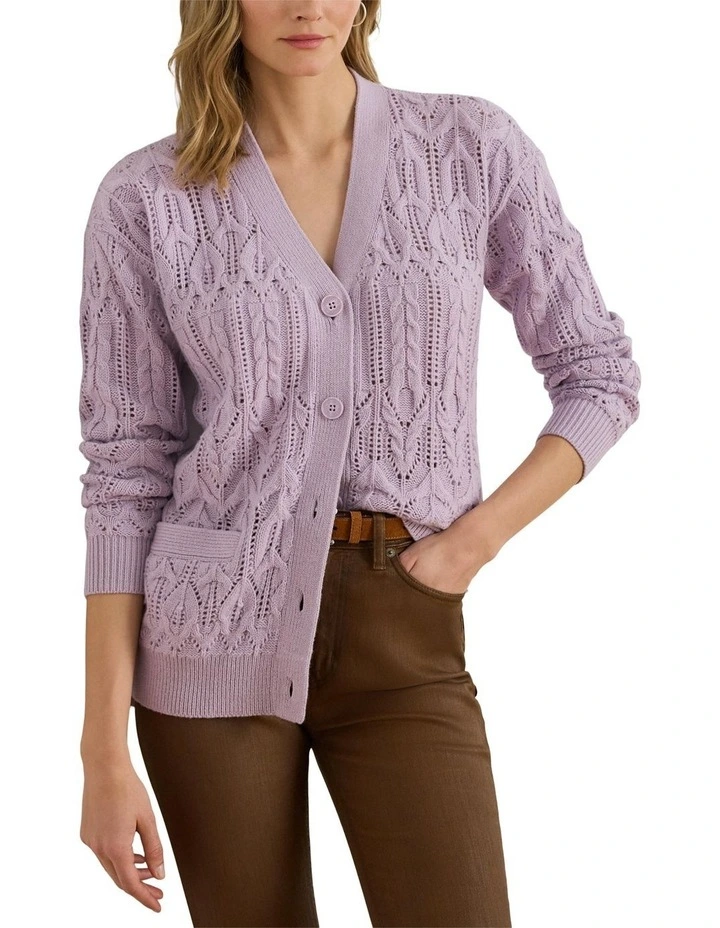 Pointelle Wool-Blend V-Neck Cardigan in Purple image 1