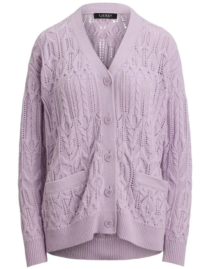 Pointelle Wool-Blend V-Neck Cardigan in Purple image 4
