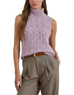 Pointelle Turtleneck Sweater Tank Top in Purple