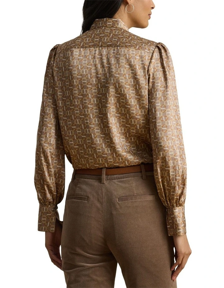 Geo Print Twill Tie Neck Blouse in Brown image 2