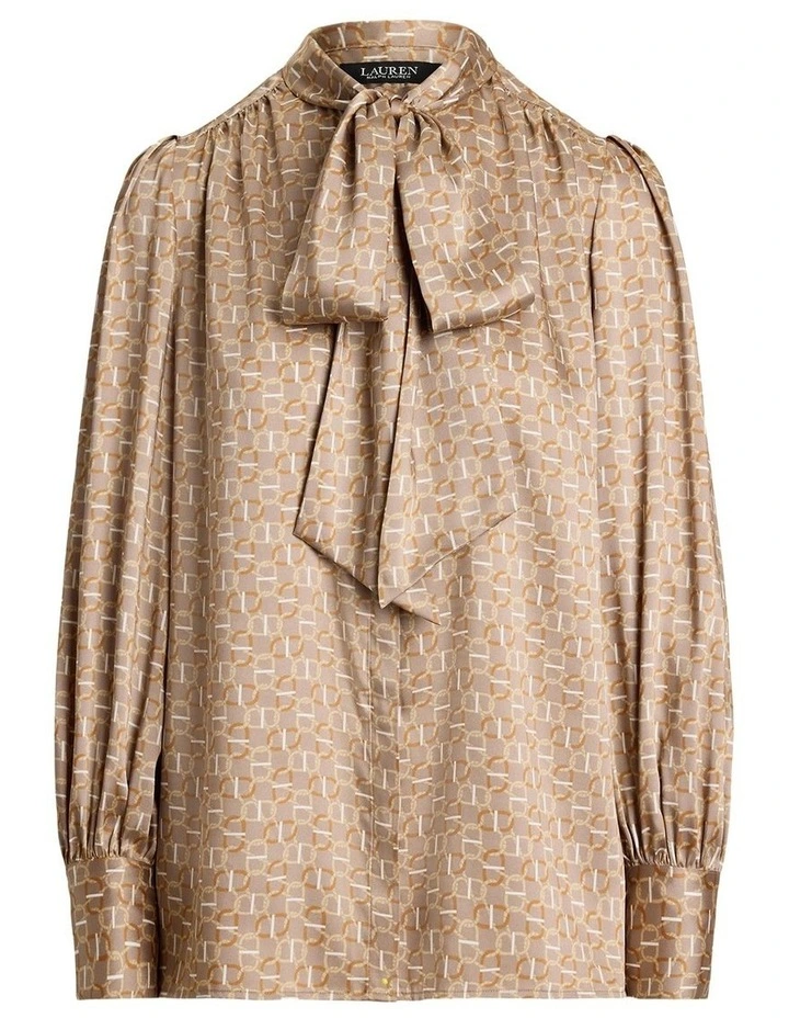 Geo Print Twill Tie Neck Blouse in Brown image 4