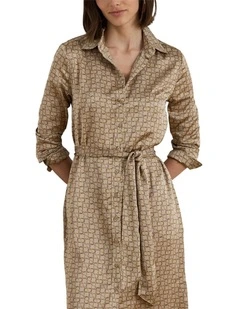 Geo Print Satin Charmeuse Shirtdress in Brown