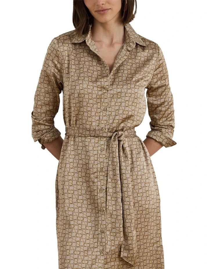 Geo Print Satin Charmeuse Shirtdress in Brown image 1