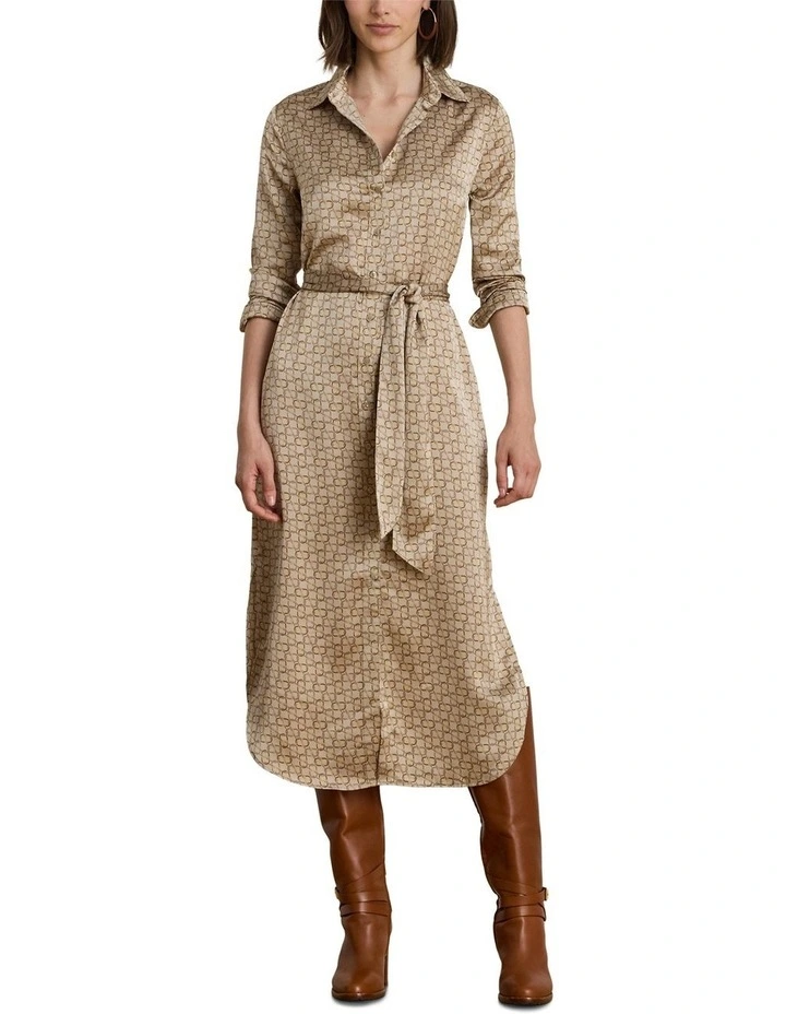 Geo Print Satin Charmeuse Shirtdress in Brown image 3
