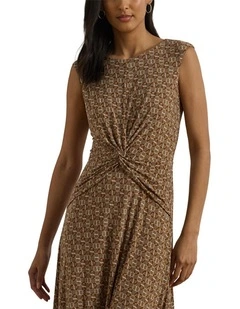 Geo Print Twist Front Jersey Dress in Brown