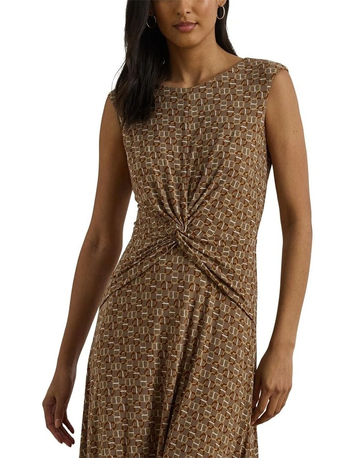 Geo Print Twist Front Jersey Dress in Brown image 1