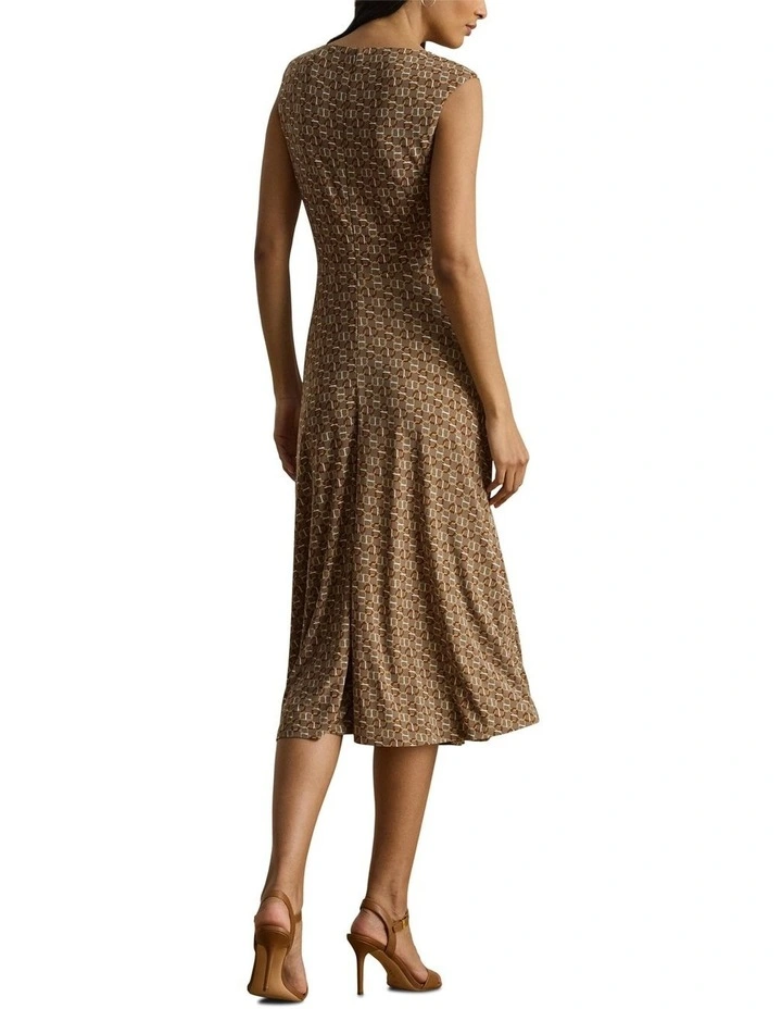 Geo Print Twist Front Jersey Dress in Brown image 2