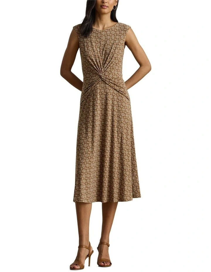 Geo Print Twist Front Jersey Dress in Brown image 3