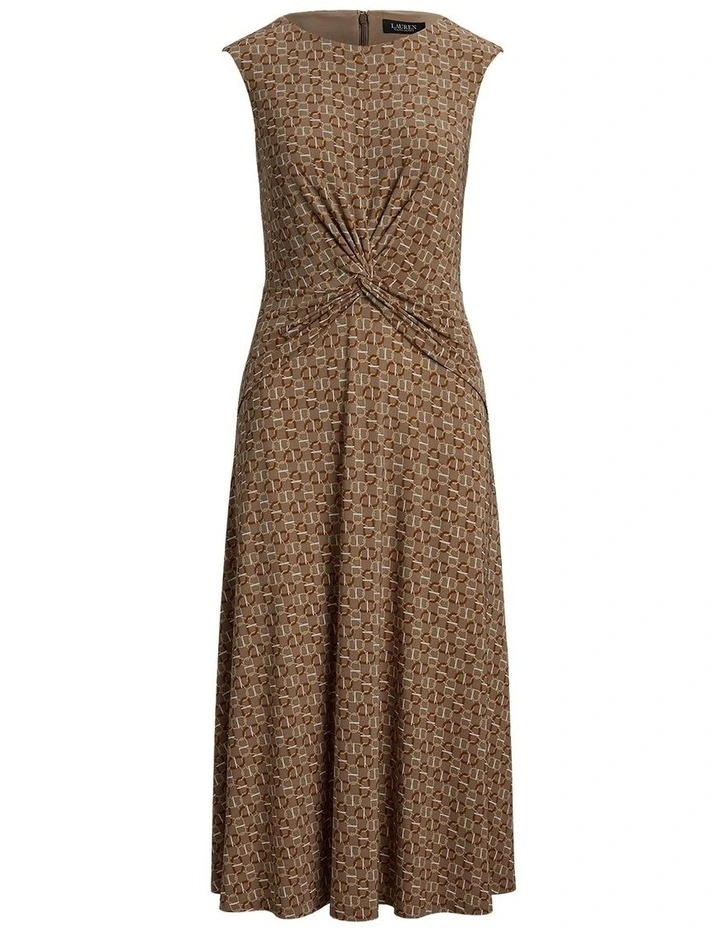 Geo Print Twist Front Jersey Dress in Brown image 4