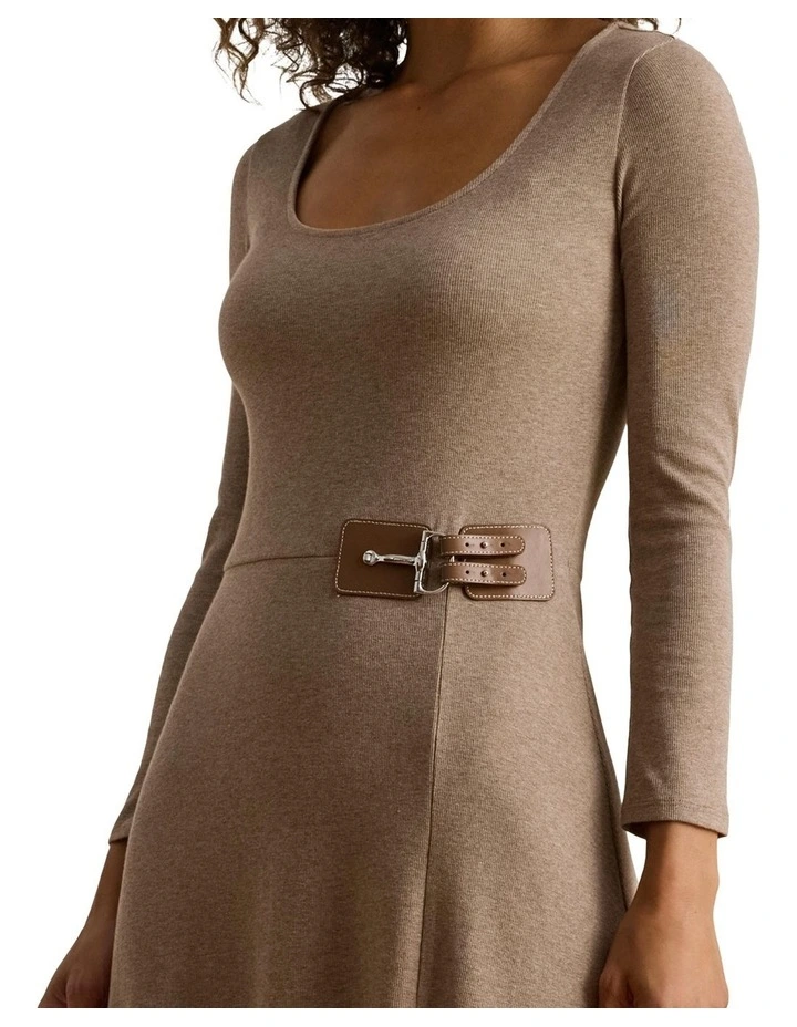 Buckle Trim Rib Knit Midi Dress in Brown image 1