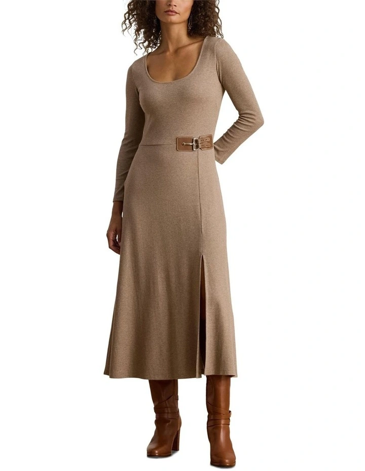 Buckle Trim Rib Knit Midi Dress in Brown image 3