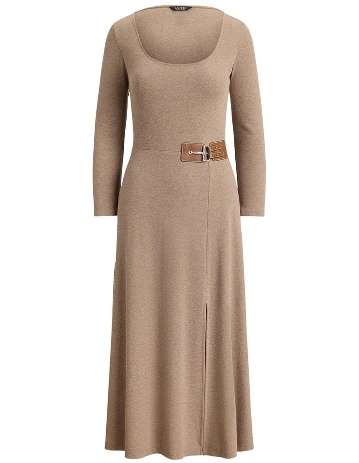 Buckle Trim Rib Knit Midi Dress in Brown image 4