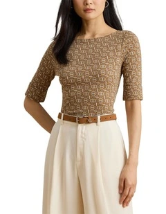 Geo-Print Stretch Cotton Boatneck Tee in Brown