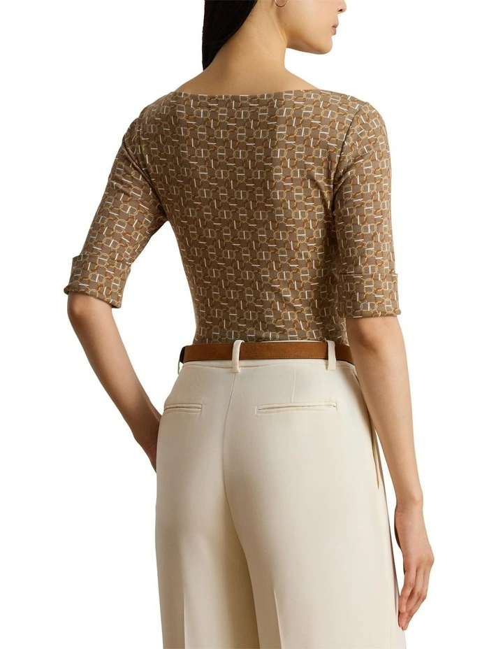 Geo-Print Stretch Cotton Boatneck Tee in Brown image 2