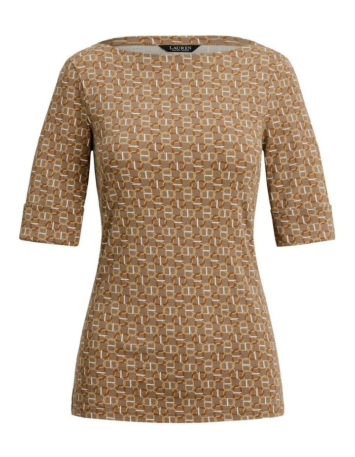 Geo-Print Stretch Cotton Boatneck Tee in Brown image 4