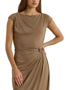 Buckle Trim Jersey Boatneck Dress in Brown