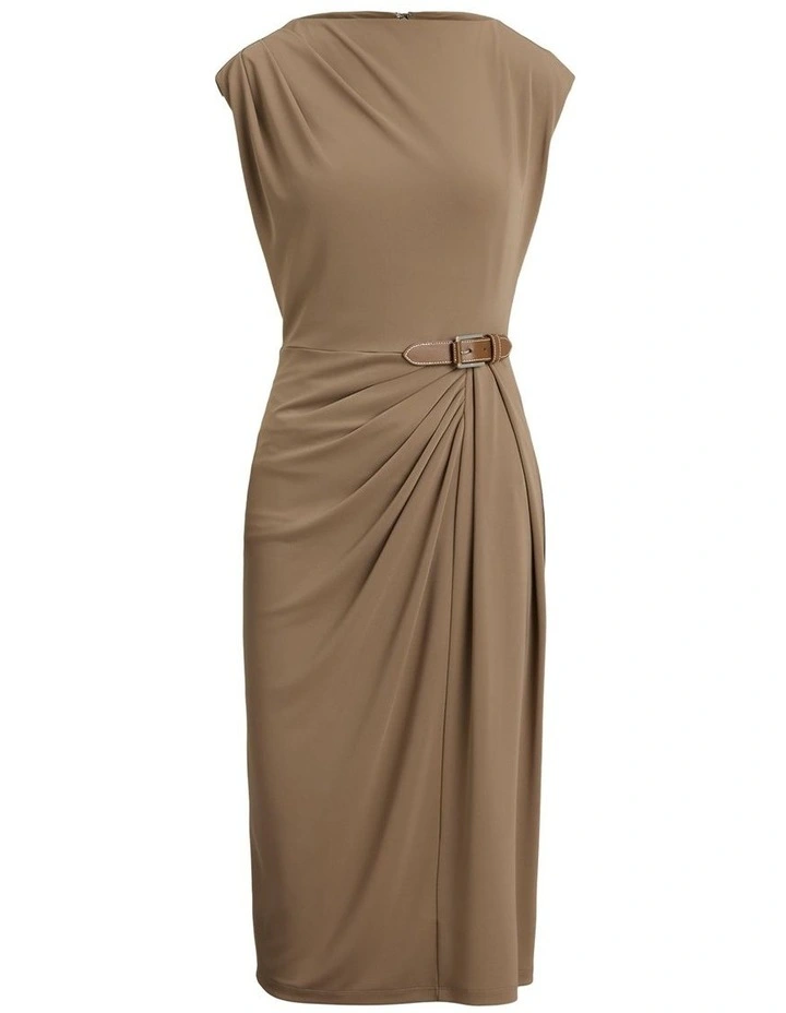 Buckle Trim Jersey Boatneck Dress in Brown image 4