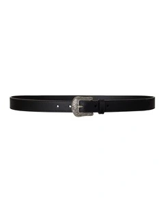 Tooled-Buckle Leather Belt in Black