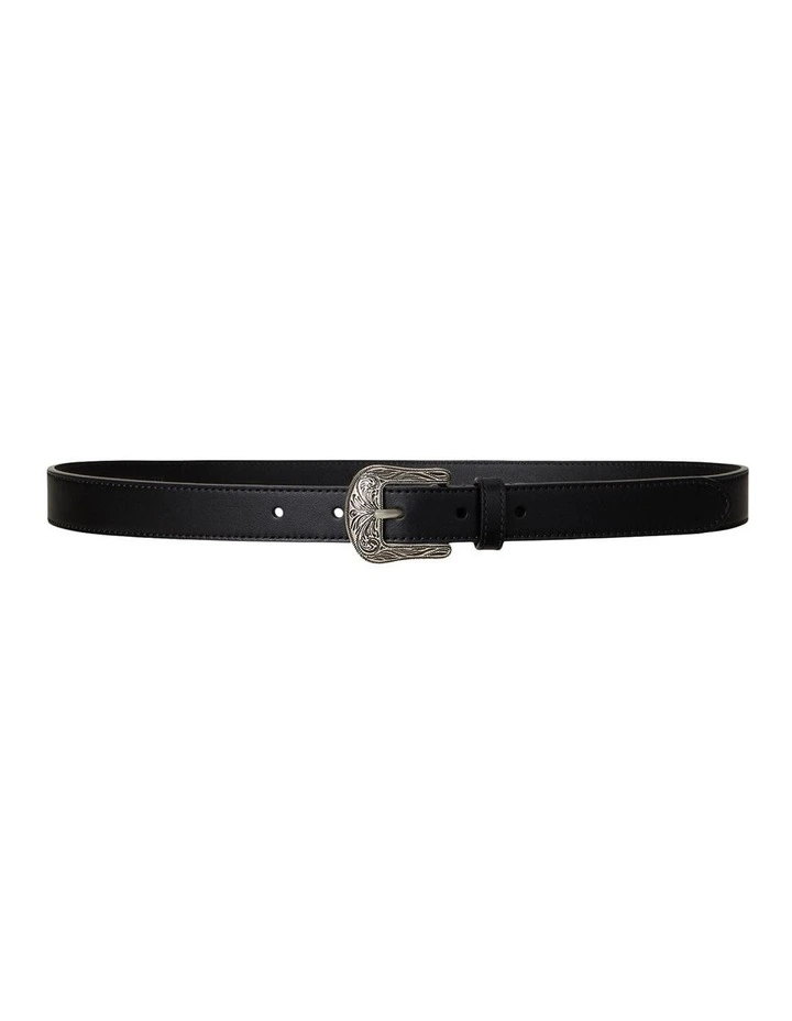 Tooled-Buckle Leather Belt in Black image 1