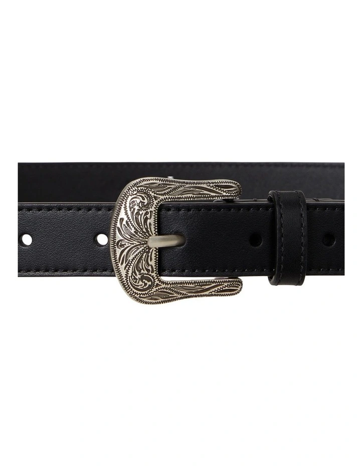 Tooled-Buckle Leather Belt in Black image 2
