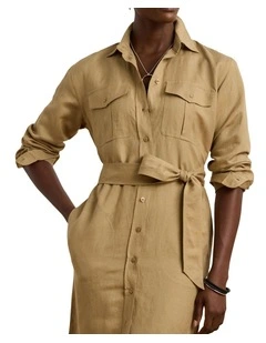 Linen-Blend Shirtdress in Brown