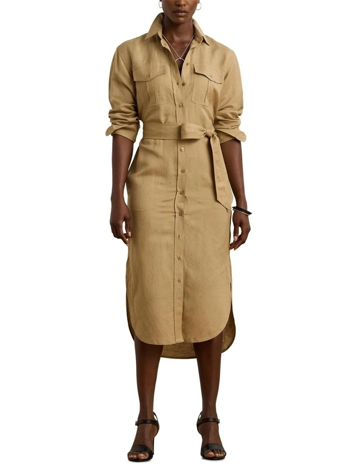 Linen-Blend Shirtdress in Brown image 3