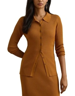 Rib-Knit Long-Sleeve Polo Cardigan