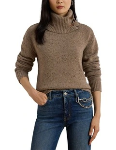 Buckle-Trim Melange Turtleneck Sweater