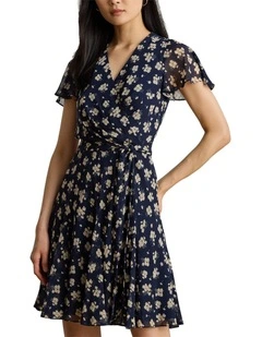 Floral Crinkle Georgette Surplice Dress