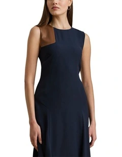 Faux-Leather-Trim Georgette Dress in Blue