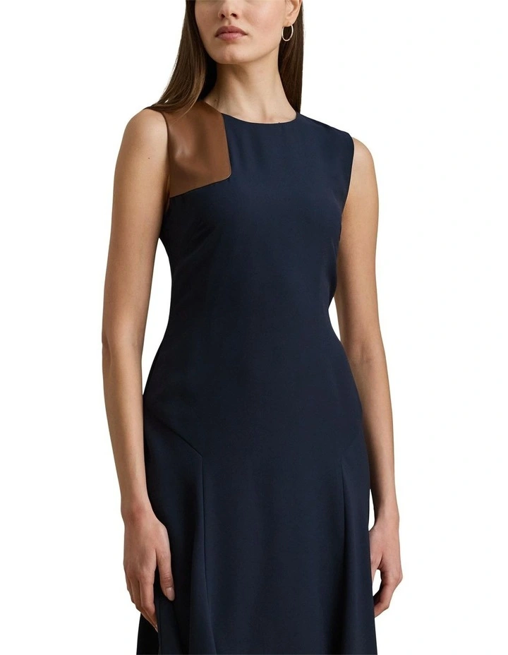 Faux-Leather-Trim Georgette Dress in Blue image 1