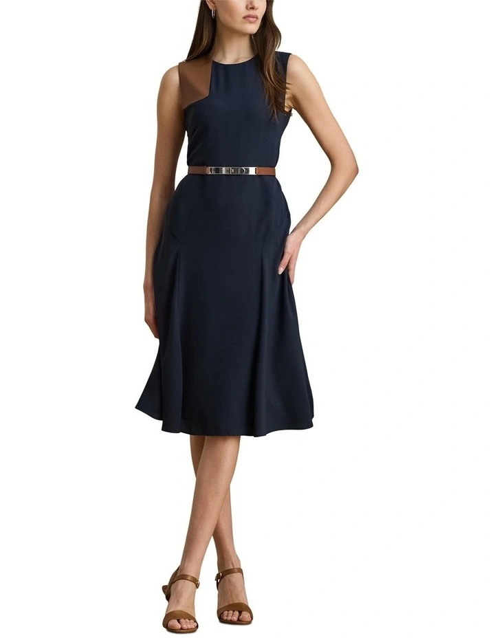 Faux-Leather-Trim Georgette Dress in Blue image 3
