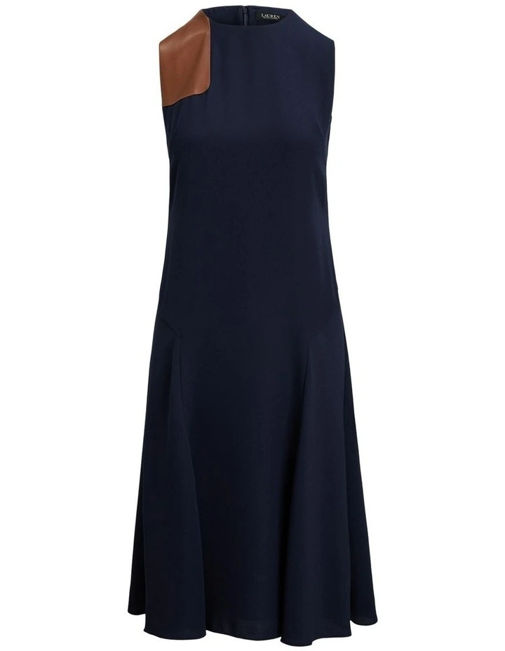 Faux-Leather-Trim Georgette Dress in Blue image 4
