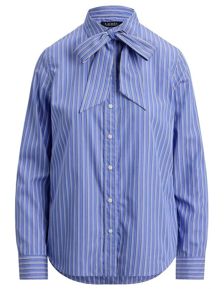 Classic Fit Striped Tie-Neck Shirt in Blue image 4