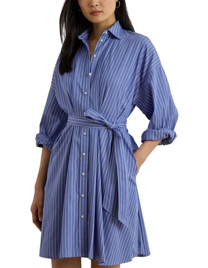 Striped Belted Broadcloth Shirtdress in Blue image 1