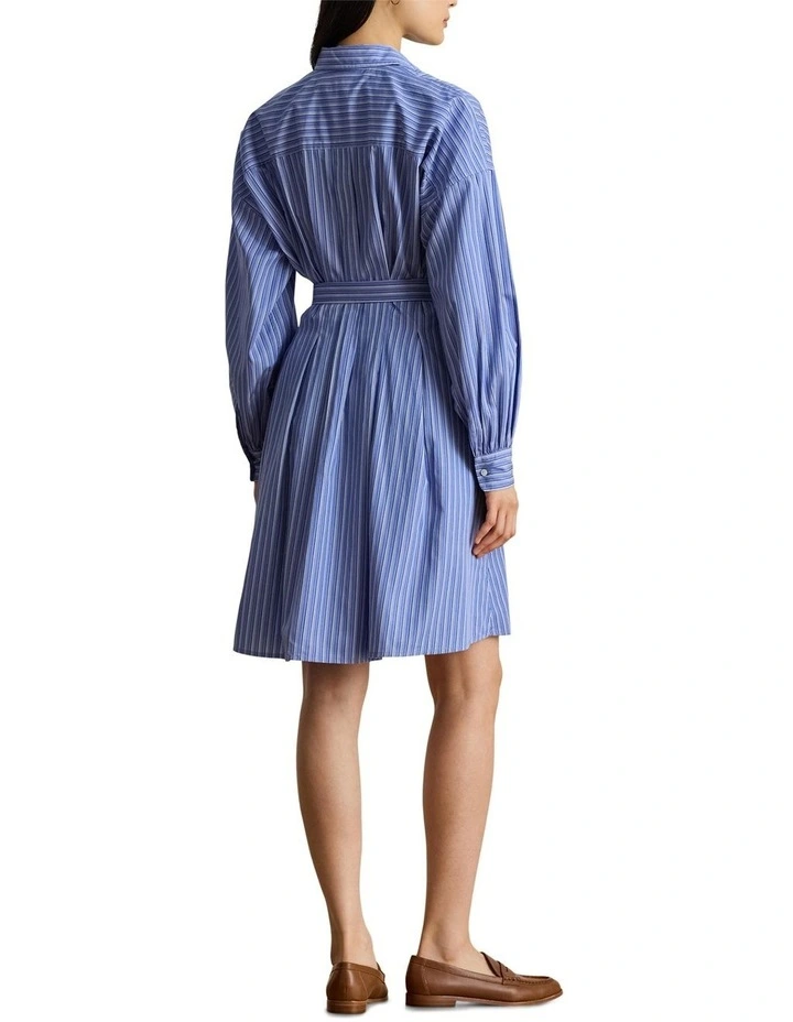 Striped Belted Broadcloth Shirtdress in Blue image 2