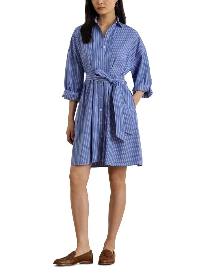 Striped Belted Broadcloth Shirtdress in Blue image 3