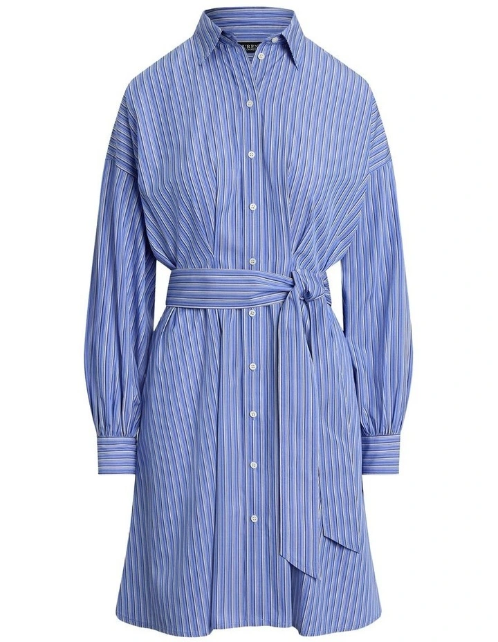 Striped Belted Broadcloth Shirtdress in Blue image 4