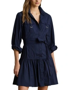 Buckle Trim Cotton Blend Dress in Blue