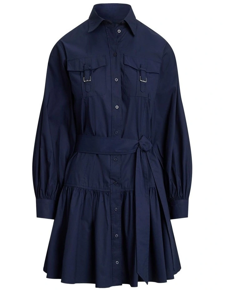 Buckle Trim Cotton Blend Dress in Blue image 4