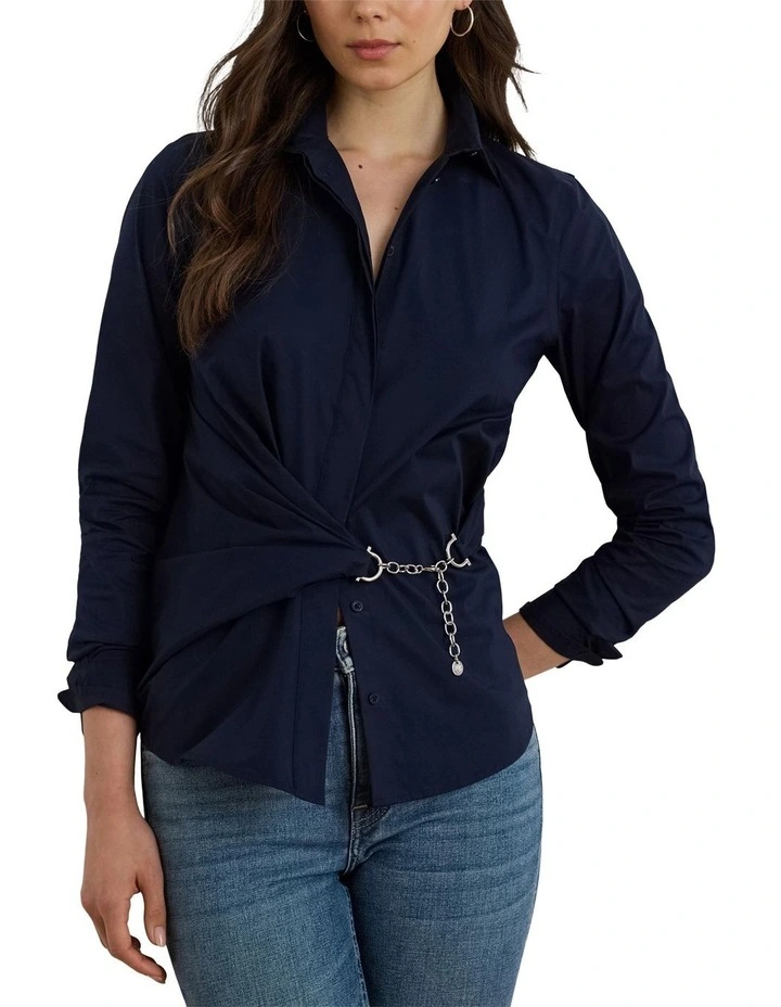 Chain-Trim Stretch-Cotton Blend Shirt in Blue image 1