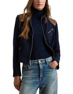 Faux-Leather-Trim Ponte Moto Jacket in Blue